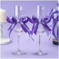 Банты для бокалов на свадьбу и юбилей из атласных лент сиреневых и лиловых оттенков, 2 штуки