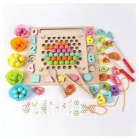 Сортер деревянный Мозаика с шариками, магнитной рыбалкой, цифрами и шнуровкой для малышей, игрушка по методике Монтессори