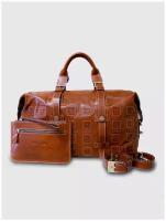 Дорожная спортивная сумка из натуральной кожи Bruno Bartello, D-0009, светло коричневая, клатч борсетка в комплекте