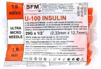 Шприц 1,0мл. Инсулин. U - 100 (3-х) SFM, Германия однораз. стер. с интегрир. иглой 0,33 х 12,7 - 29G № 10 ( полибэг)
