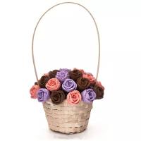 Корзинка из 27 шоколадных съедобных сладких роз CHOCO STORY - Розовый, Фиолетовый и Шоколадный микс из Бельгийского шоколада, 324 гр., K27-RFSH