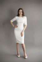 Белое короткое свадебное платье футляр длины миди с рукавом ¾ до локтя с оригинальной формой оката. Размер 43-170