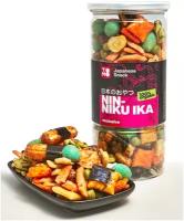 Японский снек-крекер-микс TOMO NIN-NIKU IKA необычные,острые,закуска к пиву,чипсы нори,из морской капусты,орешки,орешки,овощные,не мягкие,вкусы мира