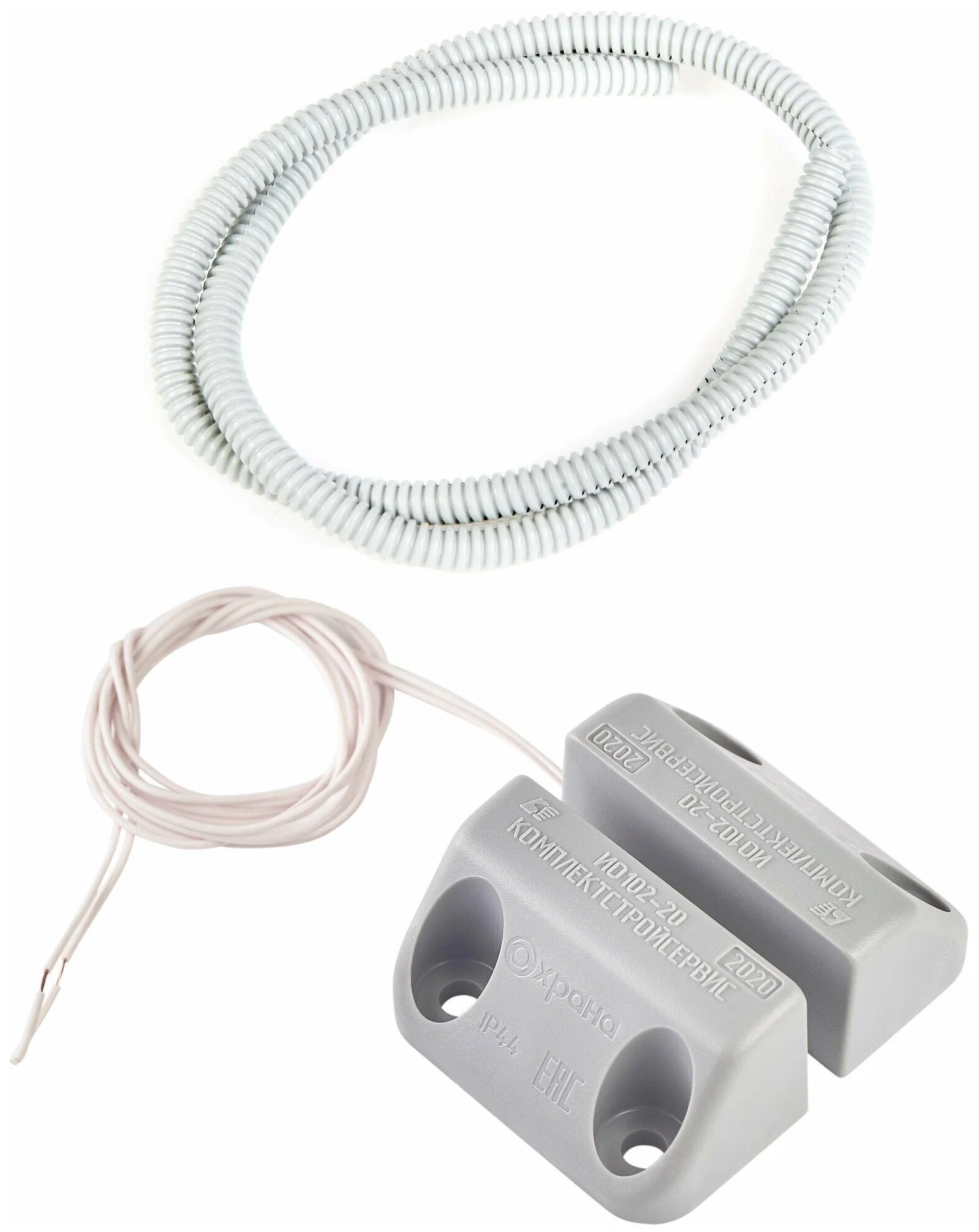Извещатель охранный точечный магнитоконтактный, датчик геркон ИО 102-20 Б2П (2), кабель в пластмассовом рукаве (серый, 1 штука)