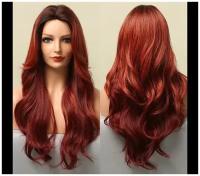 парик длинный красного цвета без челки