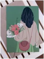 Открытка 10х15 см с крафтовым конвертом "Девушка с цветами" LIFE POSTER