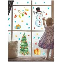 Новогодние интерьерные наклейки на окна или стену Снеговичок и елка