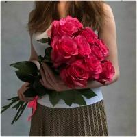 Букет из 15 ярко розовых роз сорта ЛОЛА 60см (ЭКВАДОР) с атласной лентой.