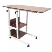 Прикроватный стол для ноутбука или планшета, на колесиках, с регулировкой высоты, с двумя полками сбоку, 40х80х(66-84), темно-коричневый
