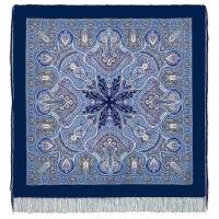 Павловопосадские платки/Шерстяной платок с шелковой бахромой, 710 Испанский, вид 14, синий
