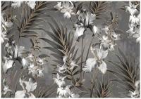 Фотообои Уютная стена "Ирисы и пальмовые листья с золотистыми линиями" 390х270 см Виниловые Бесшовные (единым полотном)