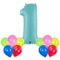 Воздушные гелиевые шары, надутые гелием 10 шаров цвета ассорти и 1 фольгированный шар пастельно голубой (цифра 1)