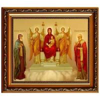 Пресвятая Богородица на троне с предстоящими Святыми. Икона на холсте. (15 х 18 см / В раме под стеклом)