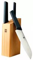 Набор стальных ножей (3 ножа + деревянная подставка из сосны) HuoHou 4-Piece Kitchen Knife Set Lite (HU0059), русская версия черный