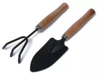 Набор садового инструмента, 2 предмета: рыхлитель, совок, длина 26 см, деревянные ручки