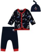 Детский трикотажный набор для мальчиков: кардиган с длинным рукавом, брюки, шапка Me&We цв. Синий р. 80