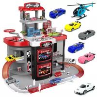 Детский игровой набор Парковка Racer 2в1, в чемоданчике на колесах, вертолет, 6 машинок, дорожные знаки, многоуровневая парковка, гараж, 74х61х40 см