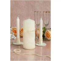 Шикарный комплект свадебных свечей для семейного очага "Жемчуг" с декором ручной работы из кружева айвори, атласной ленты и жемчуга