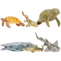 Фигурки игрушки серии "Мир морских животных". Ламантин, морская черепаха, серый кит, рохлевый скат, тигровая акула, кошачья акула (набор из 6 фигурок животных)