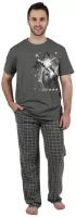 Мужская пижама Космос Хаки размер 54 Кулирка Оптима трикотаж футболка с коротким рукавом округлым вырезом брюки прямые с карманами и поясом на резинке