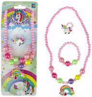 Набор украшений 1Toy "Unicorn Bijou", 3 предмета, светло- розовые бусы радуга, браслет, колечко единорог, на карте, 24*8 см (Т19142)