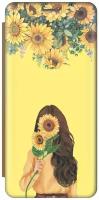 Чехол-книжка на Apple iPhone SE / 5s / 5 / Эпл Айфон 5 / 5с / СЕ c принтом "Девушка и подсолнухи" золотистый
