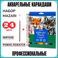 Карандаши цветные акварельные для рисования Mazari 24 цвета / мягкий грифель 3.3 мм / набор ярких мягких карандашей / рисунки акварелью / для детей