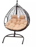 Подвесное кресло-кокон для двоих ротанг, 125*120*190, нагрузка 160 кг каркас коричневый, подушка бежевая