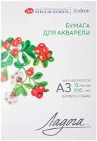 Бумага для акварели Невская палитра Ладога, А3, 200 г/м2, целлюлоза 100%, 12 листов