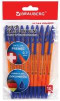 Ручки шариковые BRAUBERG «ULTRA ORANGE», синие, набор 10 штук, корпус оранжевый, узел 0,7 мм, 143571