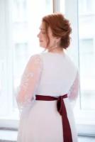 Длинное белое венчальное свадебное платье А-силуэта с кордовым кружевом без пояса. Размер 52-170